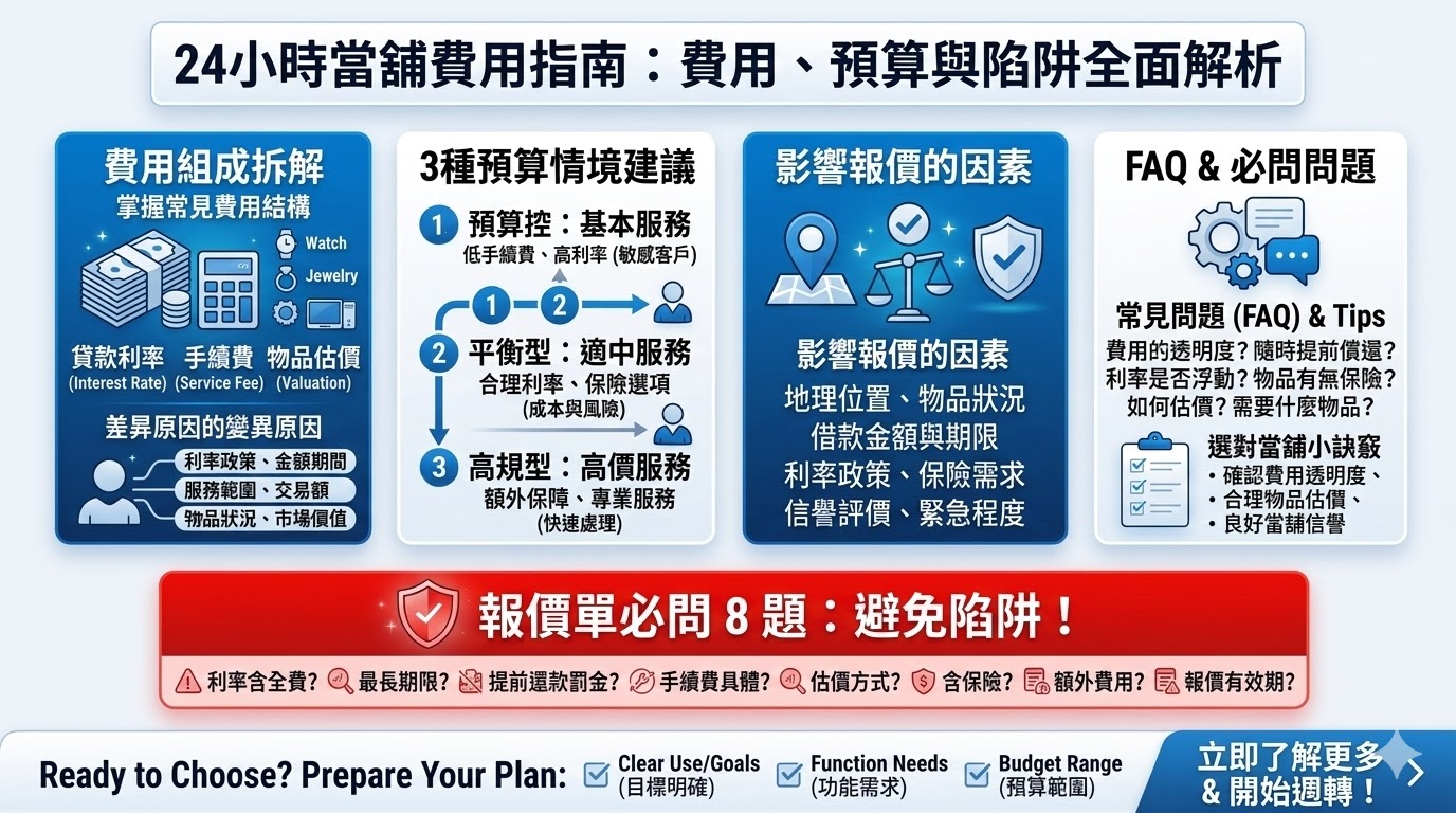 了解24小時當舖的服務費用組成及其報價計算方式對於首次使用當舖服務的顧客至關重要。本文將解析24小時當舖的貸款利率、手續費、物品估價等關鍵因素,幫助您理解不同費用如何影響最終報價。了解報價單必問的問題及預算建議,讓您能夠選擇最適合的服務方案,避免隱藏費用或誤解,確保獲得透明且具競爭力的價格。